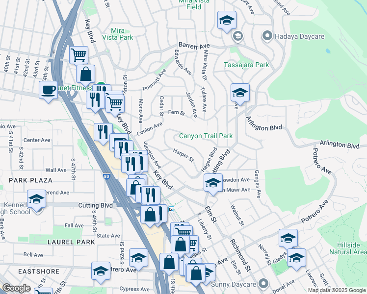 map of restaurants, bars, coffee shops, grocery stores, and more near 2063 Tapscott Ave in El Cerrito