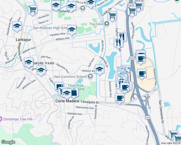 map of restaurants, bars, coffee shops, grocery stores, and more near 140 Pixley Avenue in Corte Madera