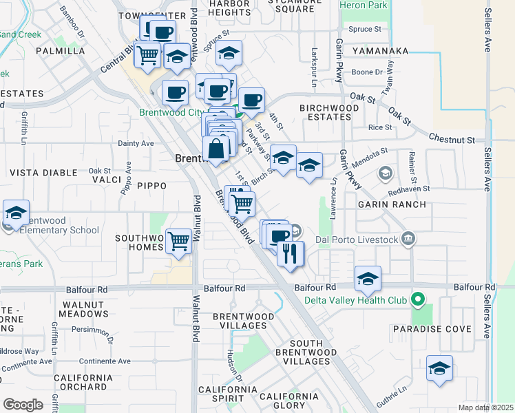 map of restaurants, bars, coffee shops, grocery stores, and more near 351 1st Street in Brentwood