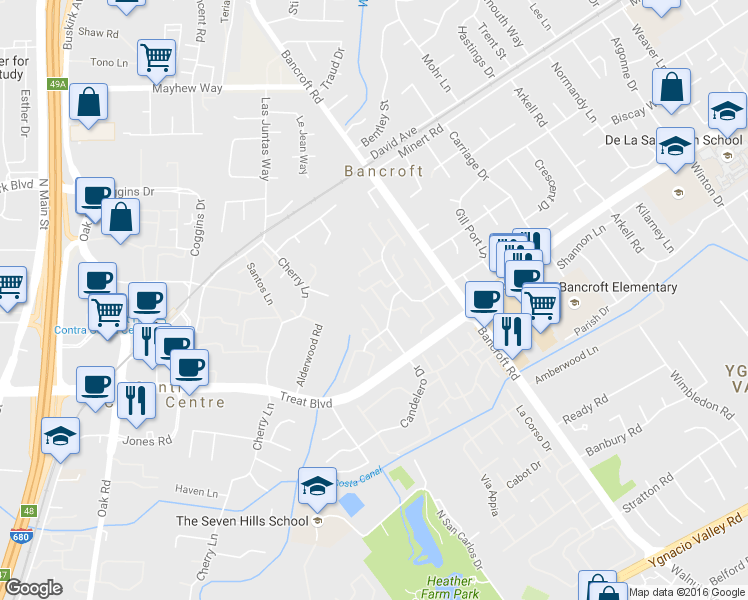 map of restaurants, bars, coffee shops, grocery stores, and more near 1575 Candelero Drive in Walnut Creek
