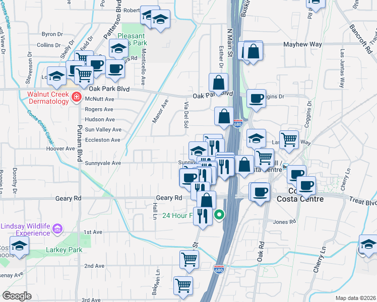 map of restaurants, bars, coffee shops, grocery stores, and more near 1578 Sunnyvale Avenue in Walnut Creek