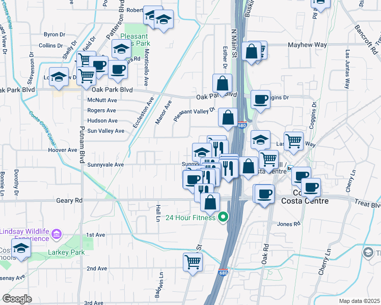 map of restaurants, bars, coffee shops, grocery stores, and more near 1578 Sunnyvale Avenue in Walnut Creek