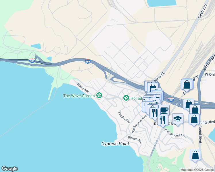 map of restaurants, bars, coffee shops, grocery stores, and more near 622a Golden Gate Avenue in Richmond