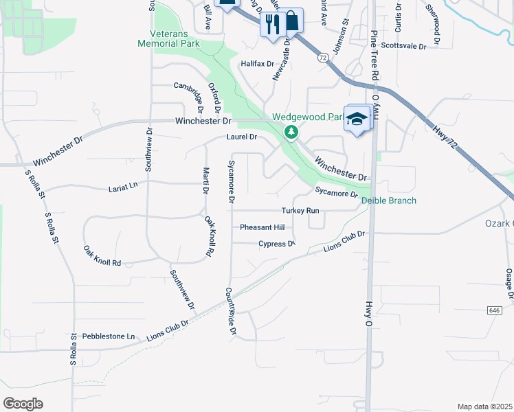 map of restaurants, bars, coffee shops, grocery stores, and more near 1003 Turkey Run in Rolla