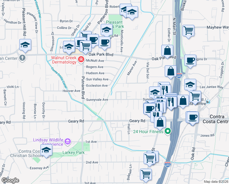 map of restaurants, bars, coffee shops, grocery stores, and more near 1107 Reiner Lane in Walnut Creek