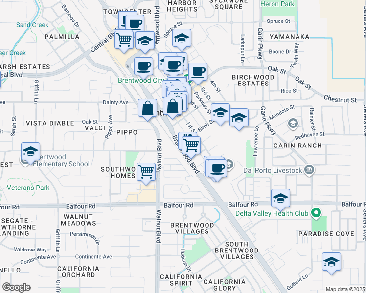 map of restaurants, bars, coffee shops, grocery stores, and more near 8530 Brentwood Boulevard in Brentwood