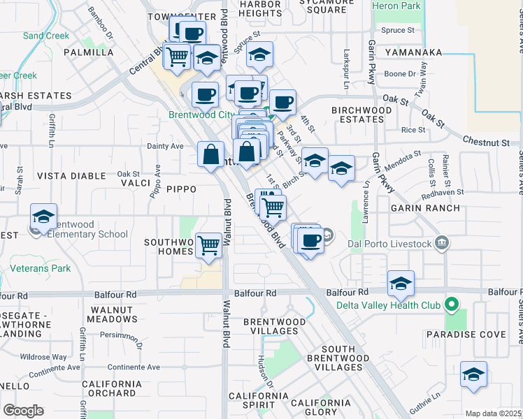 map of restaurants, bars, coffee shops, grocery stores, and more near 8500 Brentwood Boulevard in Brentwood