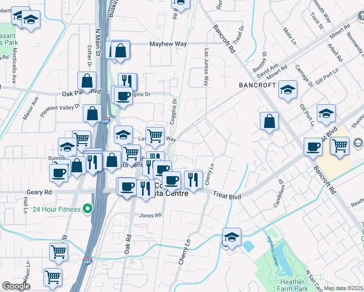 map of restaurants, bars, coffee shops, grocery stores, and more near 3050 Del Hombre in Walnut Creek