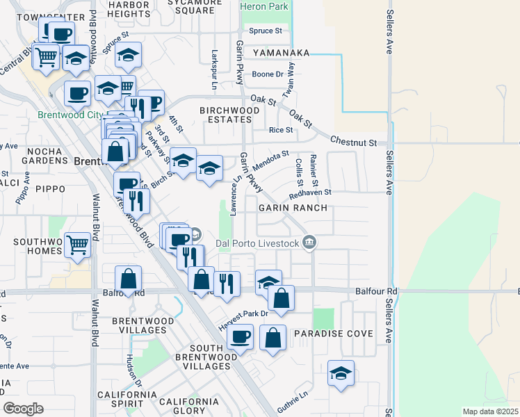 map of restaurants, bars, coffee shops, grocery stores, and more near 510 Lilac Court in Brentwood