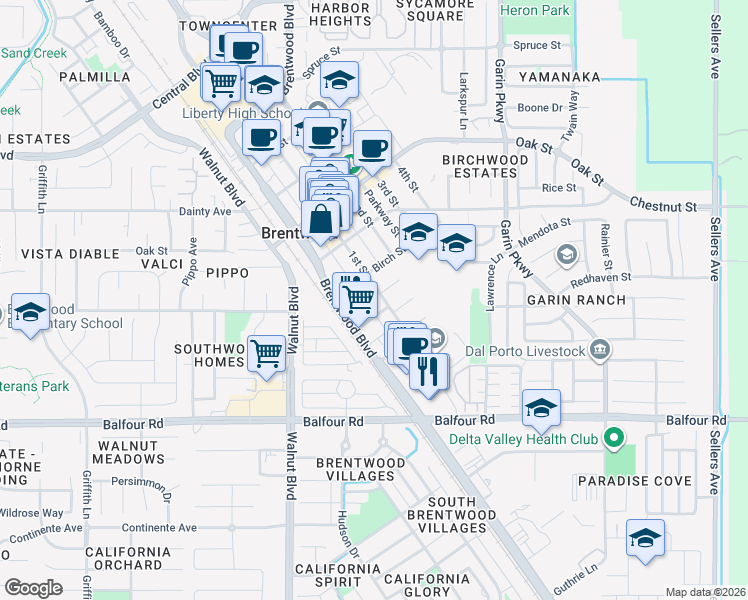 map of restaurants, bars, coffee shops, grocery stores, and more near 351 1st Street in Brentwood