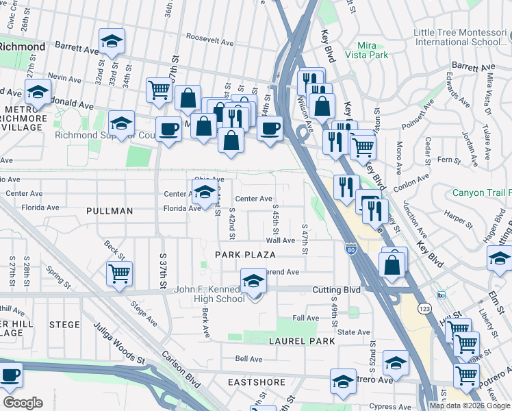 map of restaurants, bars, coffee shops, grocery stores, and more near 228 South 44th Street in Richmond