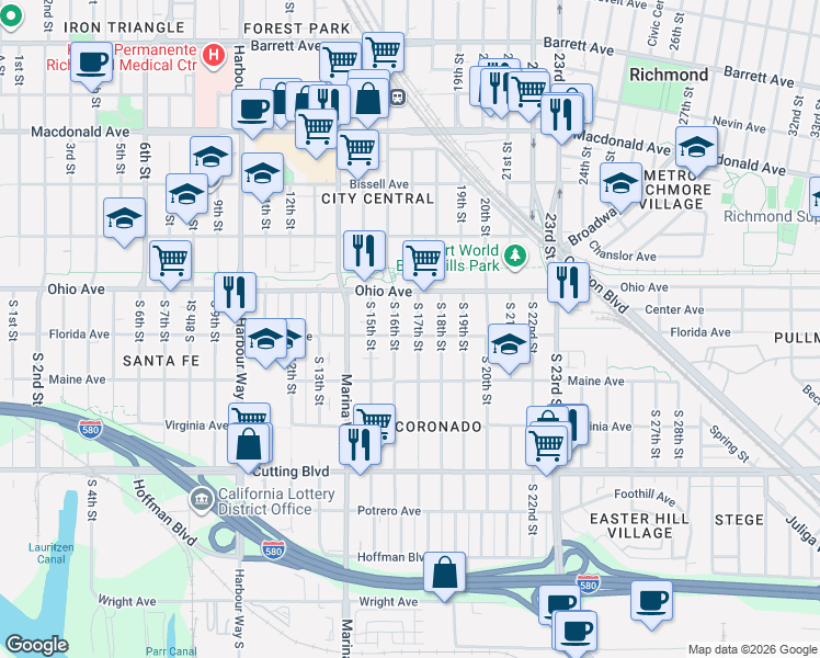 map of restaurants, bars, coffee shops, grocery stores, and more near 219 South 17th Street in Richmond