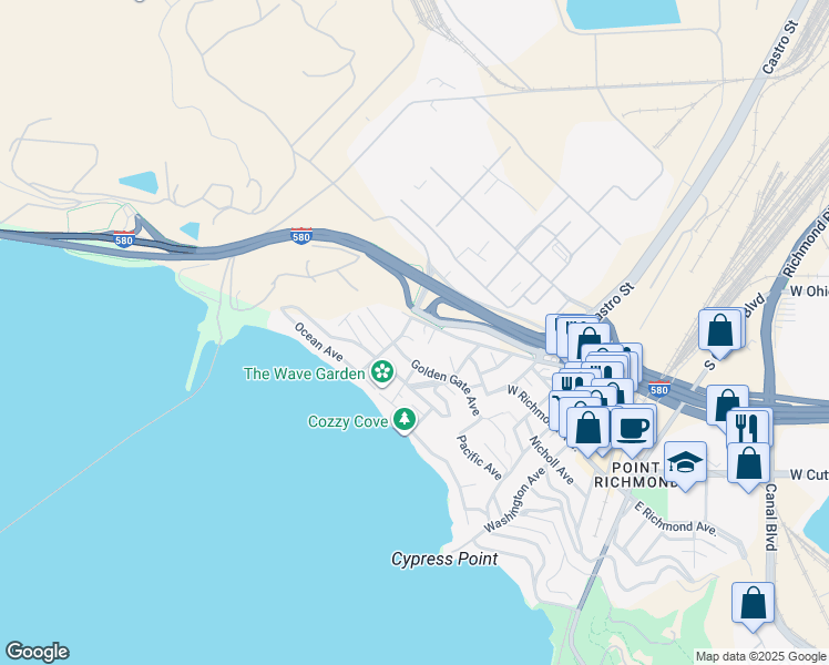 map of restaurants, bars, coffee shops, grocery stores, and more near 622a Golden Gate Avenue in Richmond