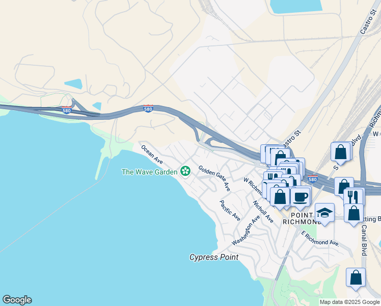 map of restaurants, bars, coffee shops, grocery stores, and more near 622a Golden Gate Avenue in Richmond