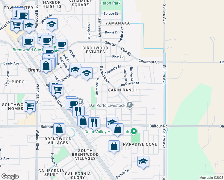 map of restaurants, bars, coffee shops, grocery stores, and more near 540 Lilac Court in Brentwood