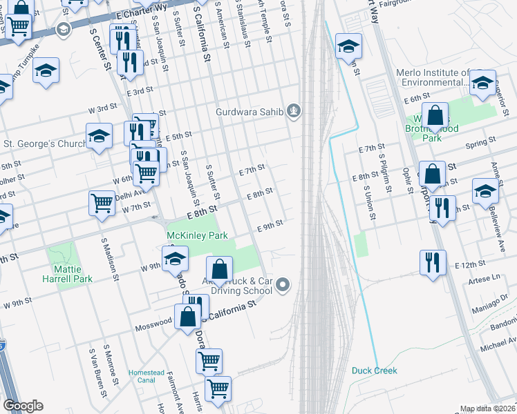 map of restaurants, bars, coffee shops, grocery stores, and more near 535 East 9th Street in Stockton