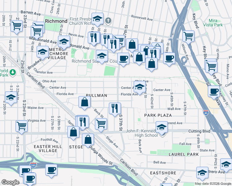 map of restaurants, bars, coffee shops, grocery stores, and more near 3611 Waller Avenue in Richmond