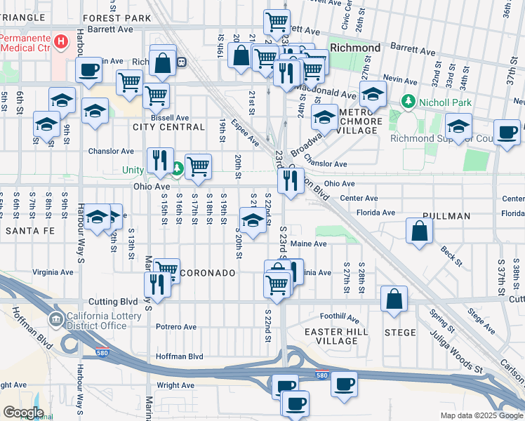 map of restaurants, bars, coffee shops, grocery stores, and more near 2121 Florida Avenue in Richmond
