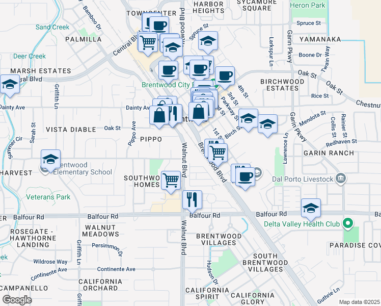 map of restaurants, bars, coffee shops, grocery stores, and more near 3660 Walnut Boulevard in Brentwood