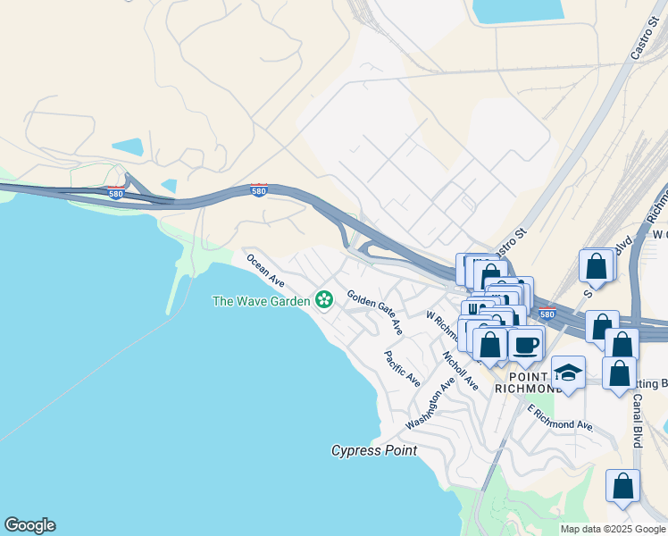 map of restaurants, bars, coffee shops, grocery stores, and more near 622a Golden Gate Avenue in Richmond