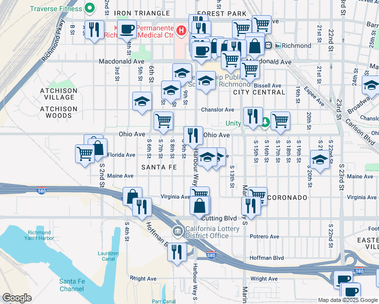map of restaurants, bars, coffee shops, grocery stores, and more near 913 Florida Avenue in Richmond