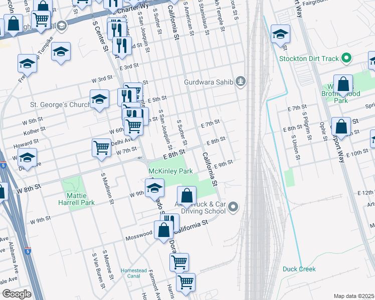 map of restaurants, bars, coffee shops, grocery stores, and more near East 8th Street & South Sutter Street in Stockton