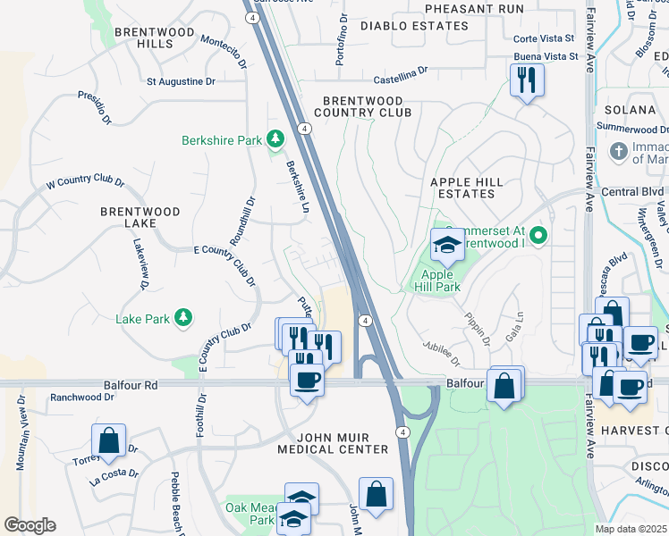 map of restaurants, bars, coffee shops, grocery stores, and more near 2134 Prato Street in Brentwood