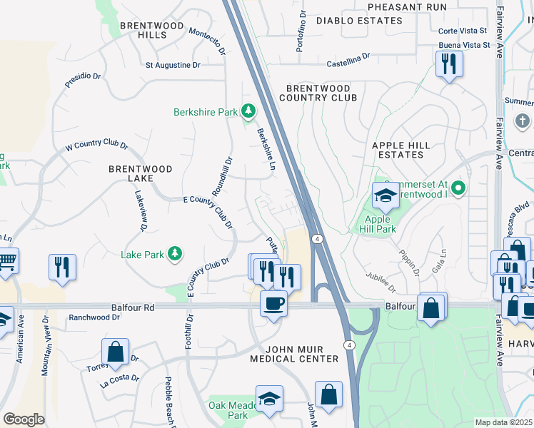 map of restaurants, bars, coffee shops, grocery stores, and more near 351 Cortona Way in Brentwood
