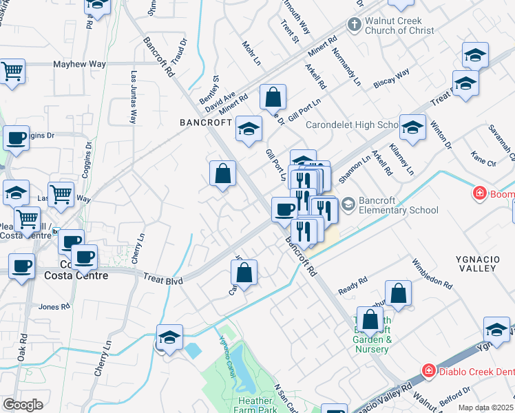 map of restaurants, bars, coffee shops, grocery stores, and more near 1605 Countrywood Court in Walnut Creek