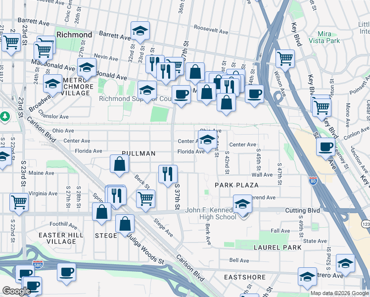 map of restaurants, bars, coffee shops, grocery stores, and more near 3801 Florida Avenue in Richmond
