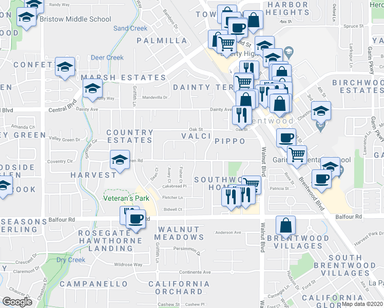 map of restaurants, bars, coffee shops, grocery stores, and more near 503 Nottingham Drive in Brentwood