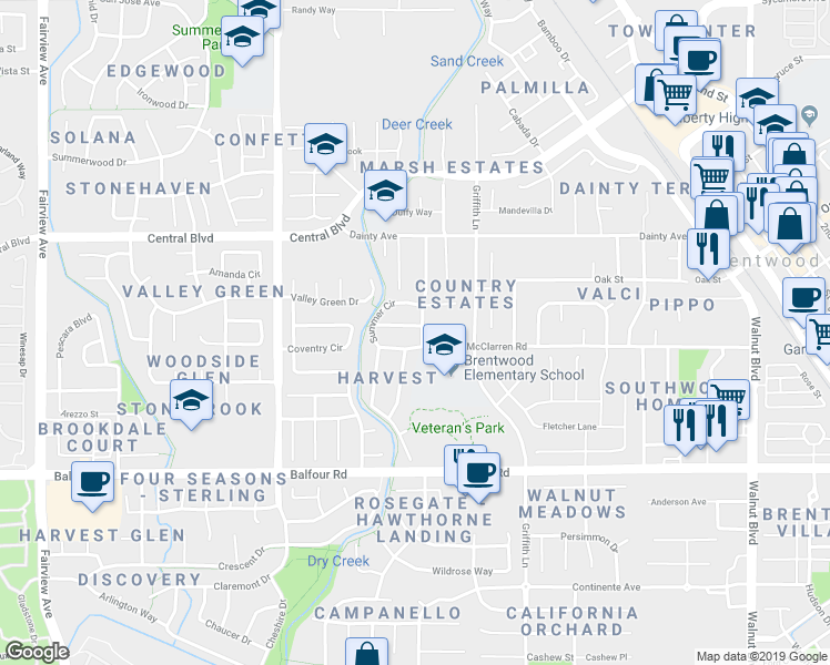 map of restaurants, bars, coffee shops, grocery stores, and more near 531 Sarah St in Brentwood