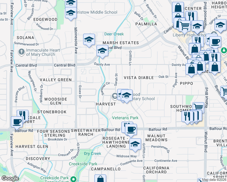 map of restaurants, bars, coffee shops, grocery stores, and more near 531 Sarah Street in Brentwood