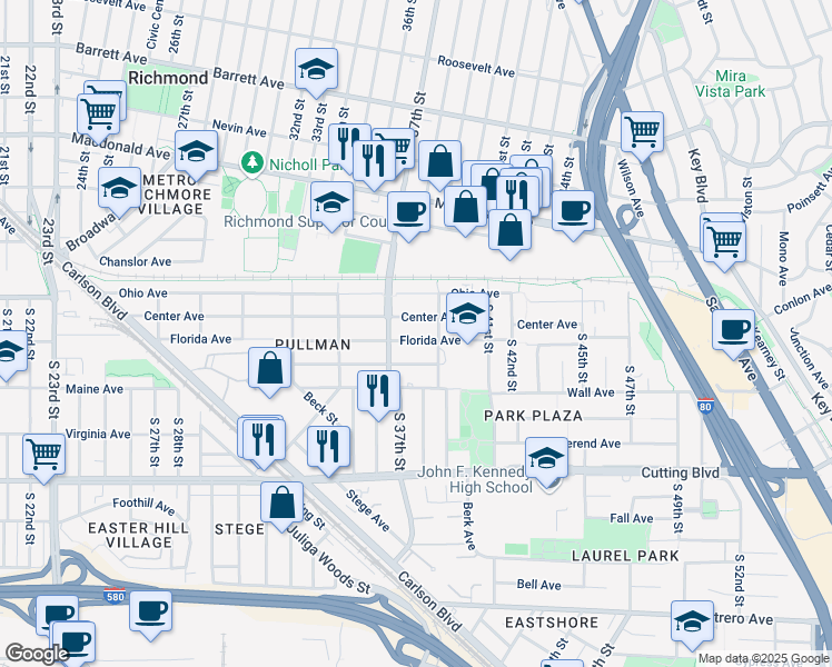 map of restaurants, bars, coffee shops, grocery stores, and more near 3801 Florida Avenue in Richmond