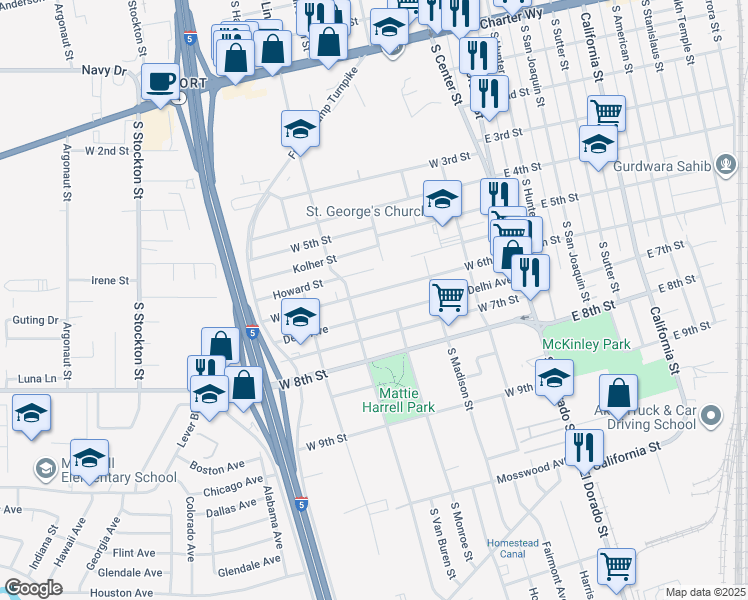 map of restaurants, bars, coffee shops, grocery stores, and more near 356 Delhi Avenue in Stockton