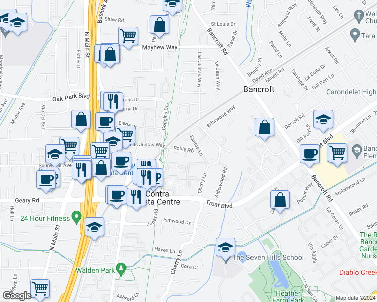 map of restaurants, bars, coffee shops, grocery stores, and more near 120 Roble Road in Walnut Creek