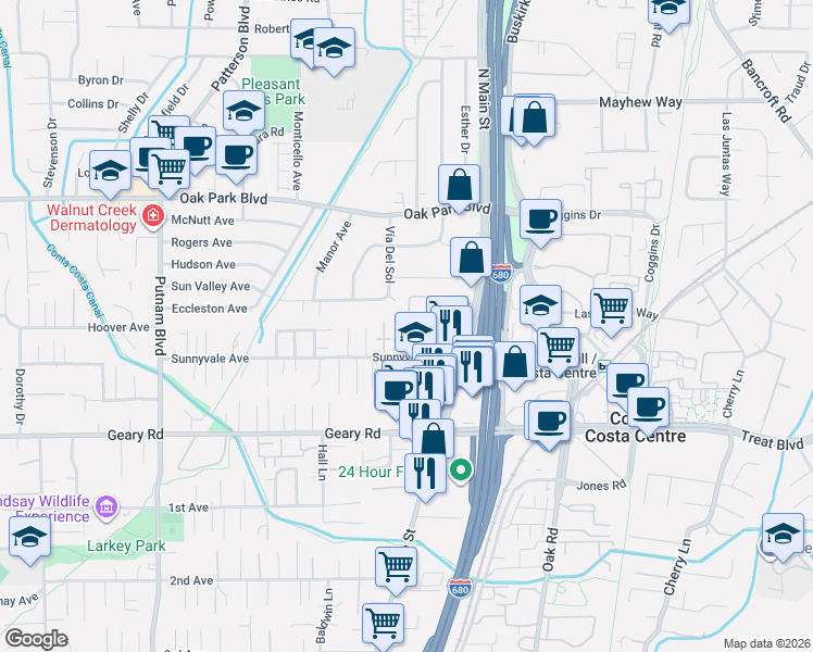map of restaurants, bars, coffee shops, grocery stores, and more near 1578 Sunnyvale Avenue in Walnut Creek