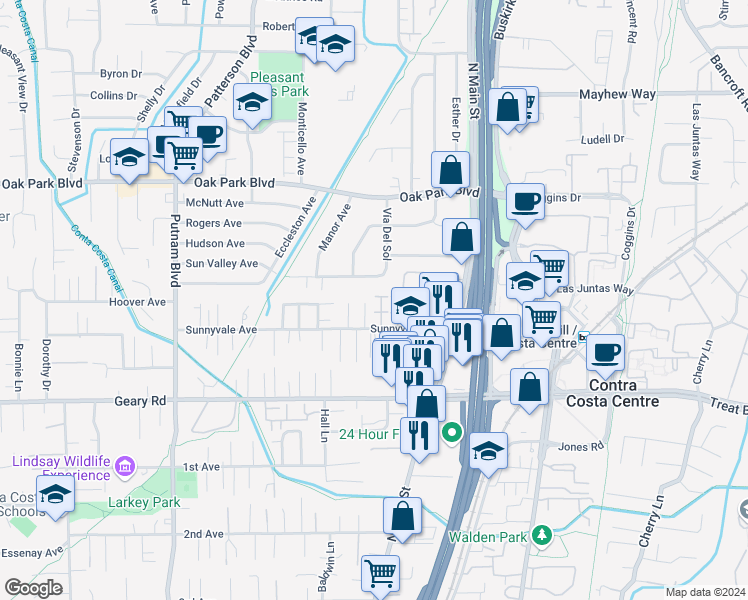 map of restaurants, bars, coffee shops, grocery stores, and more near 1101 Roxie Lane in Walnut Creek