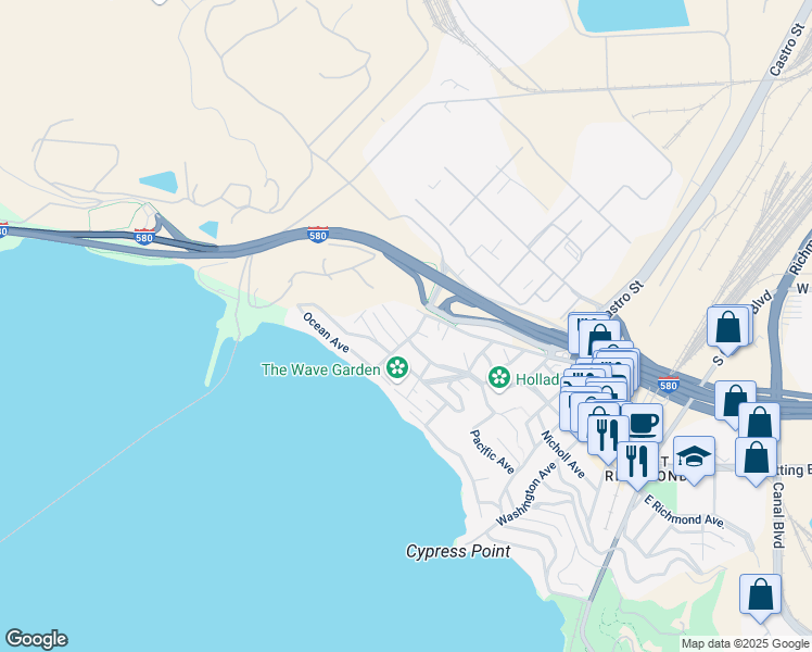 map of restaurants, bars, coffee shops, grocery stores, and more near 622a Golden Gate Avenue in Richmond