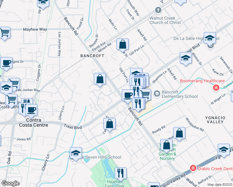 map of restaurants, bars, coffee shops, grocery stores, and more near 1605 Countrywood Court in Walnut Creek