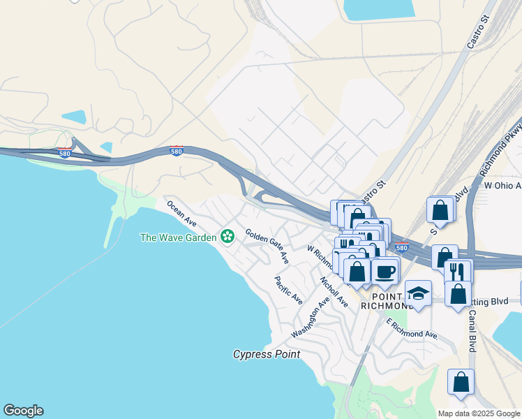 map of restaurants, bars, coffee shops, grocery stores, and more near Tewksbury Avenue & Clarence Street in Richmond