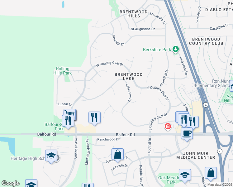 map of restaurants, bars, coffee shops, grocery stores, and more near 2610 Silvermere Court in Brentwood