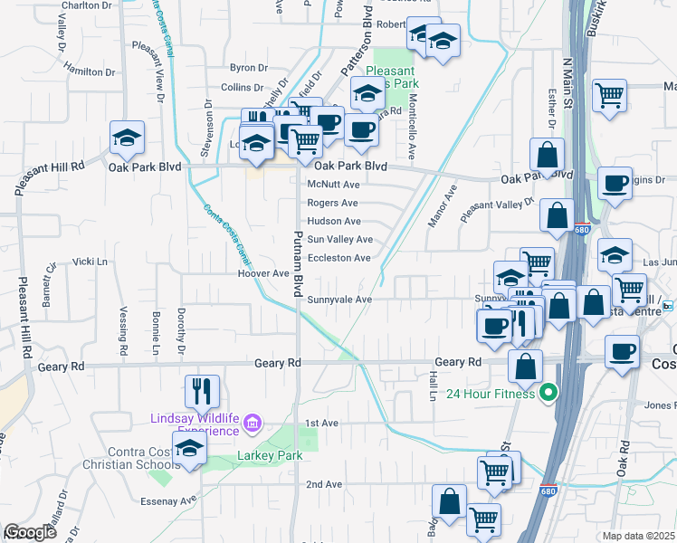 map of restaurants, bars, coffee shops, grocery stores, and more near 1838 Sunnyvale Avenue in Walnut Creek