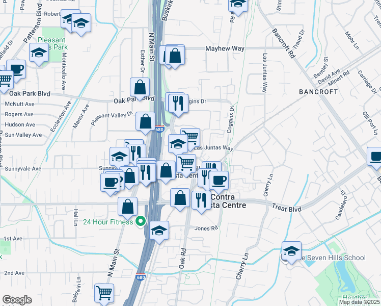 map of restaurants, bars, coffee shops, grocery stores, and more near 3001 Oak Road in Walnut Creek