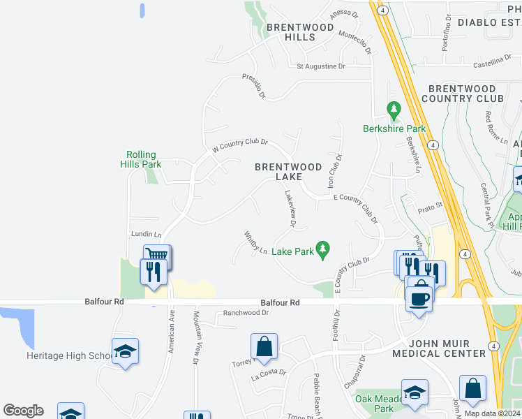 map of restaurants, bars, coffee shops, grocery stores, and more near 2610 Silvermere Court in Brentwood