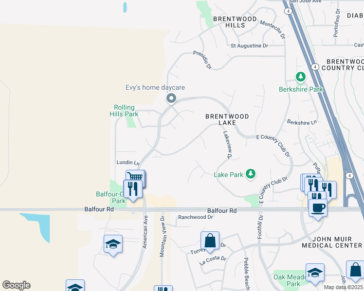 map of restaurants, bars, coffee shops, grocery stores, and more near 550 Lakeview Drive in Brentwood