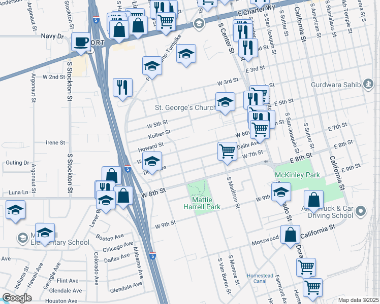 map of restaurants, bars, coffee shops, grocery stores, and more near 318 Howard Street in Stockton