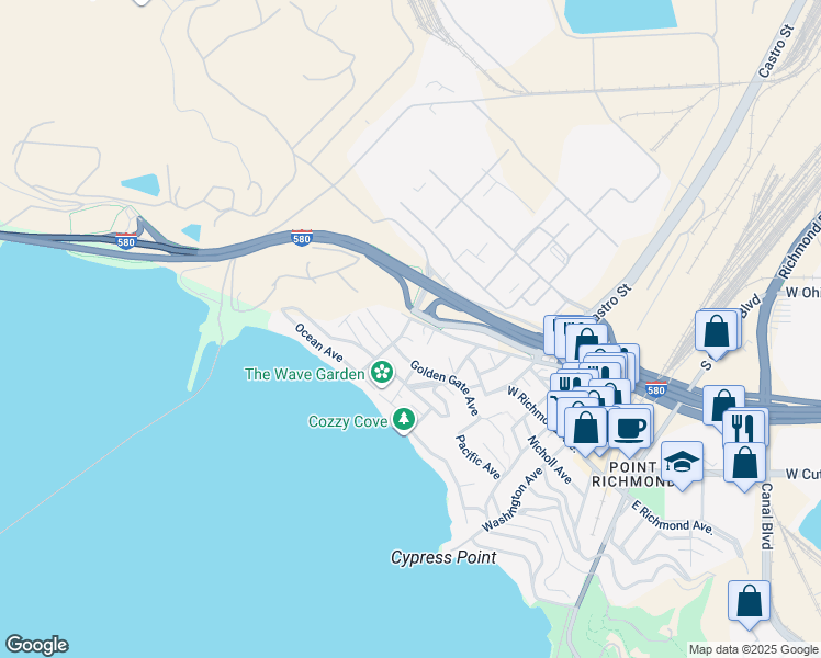 map of restaurants, bars, coffee shops, grocery stores, and more near 209 Marine Street in Richmond