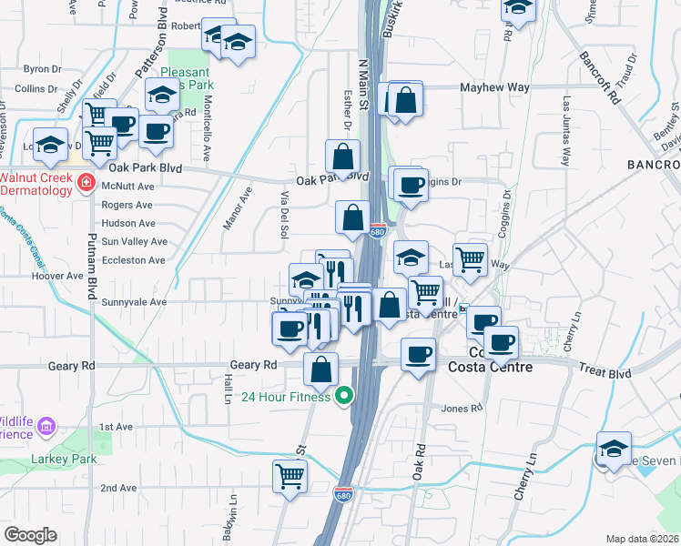 map of restaurants, bars, coffee shops, grocery stores, and more near 123 Roxanne Court in Walnut Creek