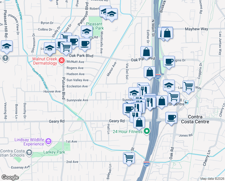 map of restaurants, bars, coffee shops, grocery stores, and more near 350 Caroni Street in Walnut Creek